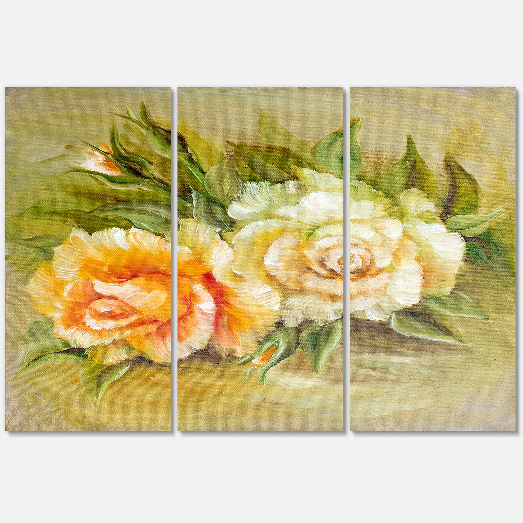 Designart ' Vintage Yellow and White Roses ' Traditional Canvas Wall Art Print