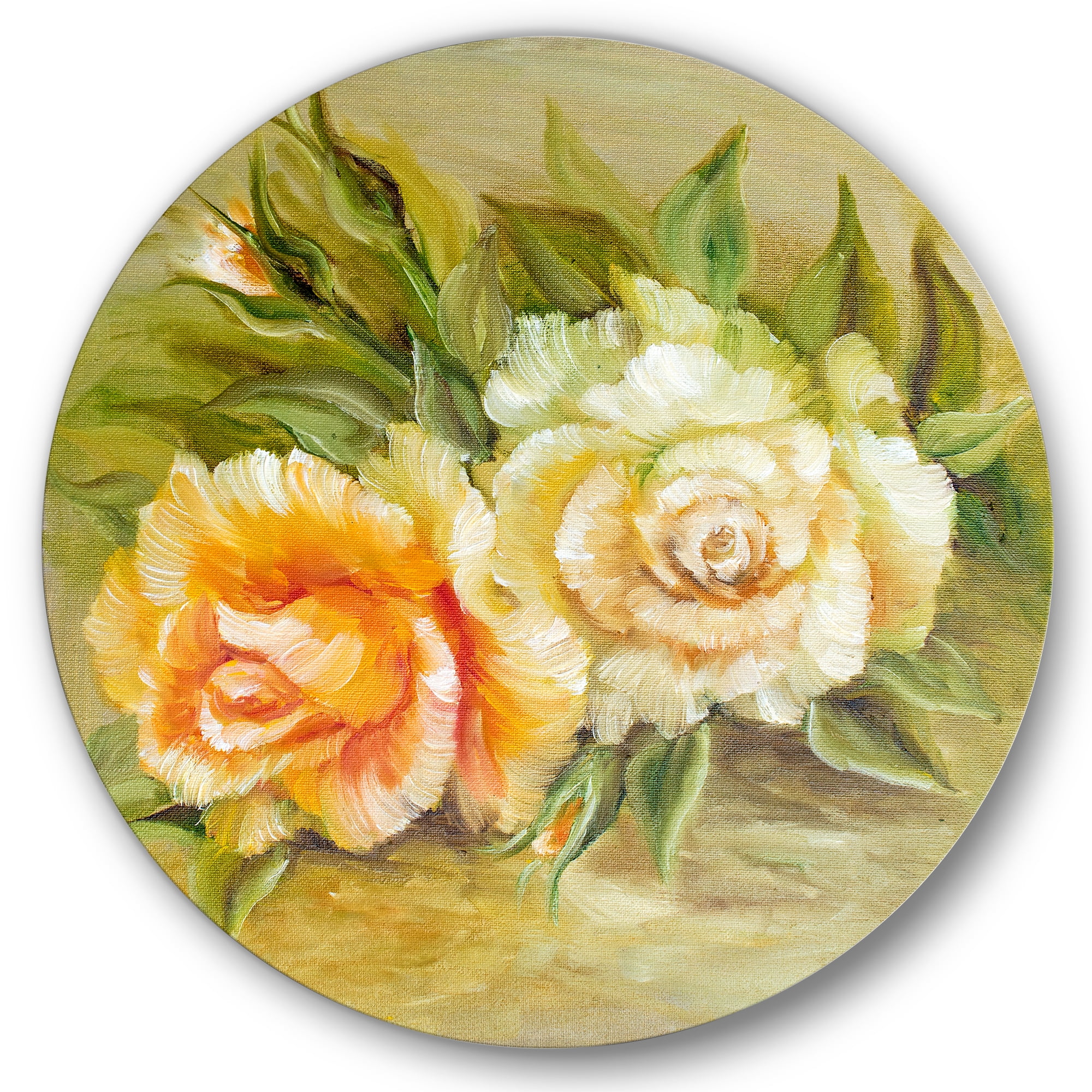 Designart 'Vintage Yellow and White Roses' Traditional Circle Metal Wall Art 36x36 - Disc of 36