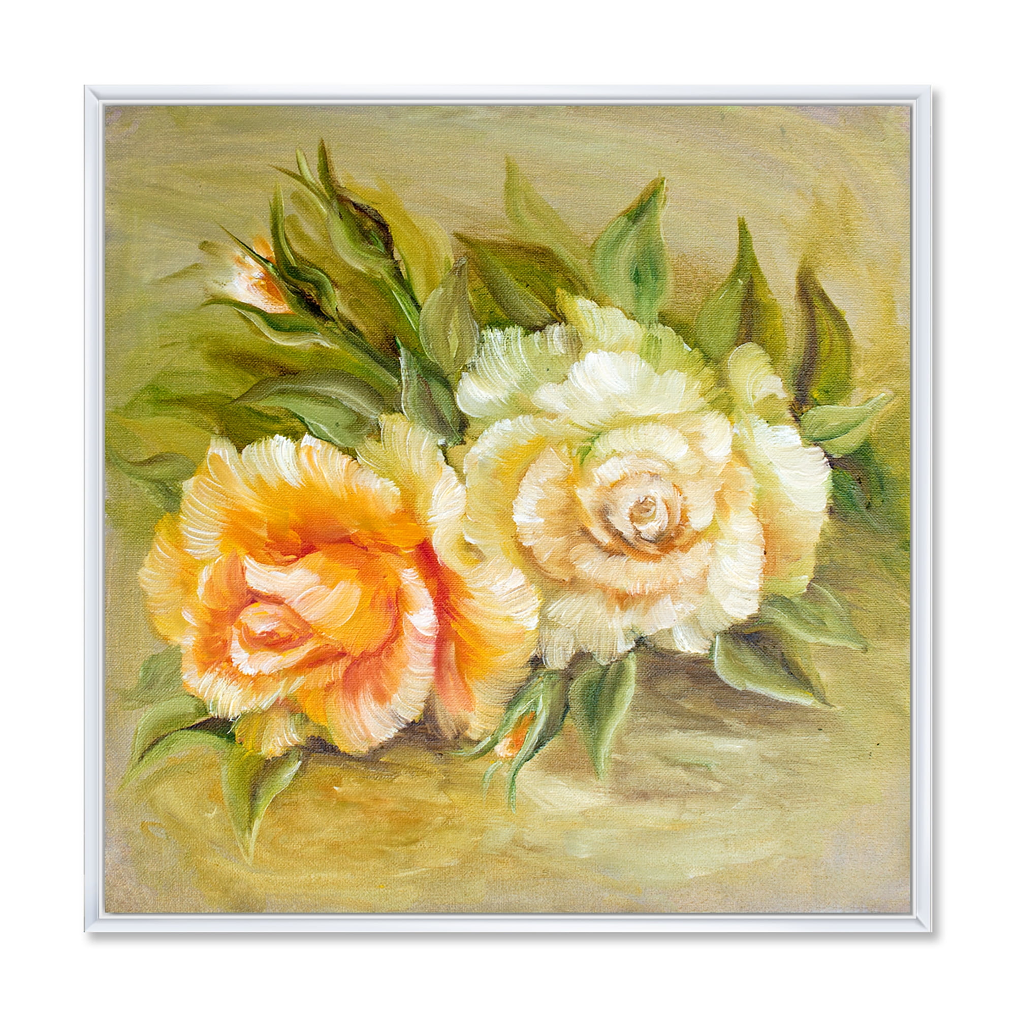 Designart 'Vintage Yellow and White Roses' Traditional Framed Canvas Wall Art Print