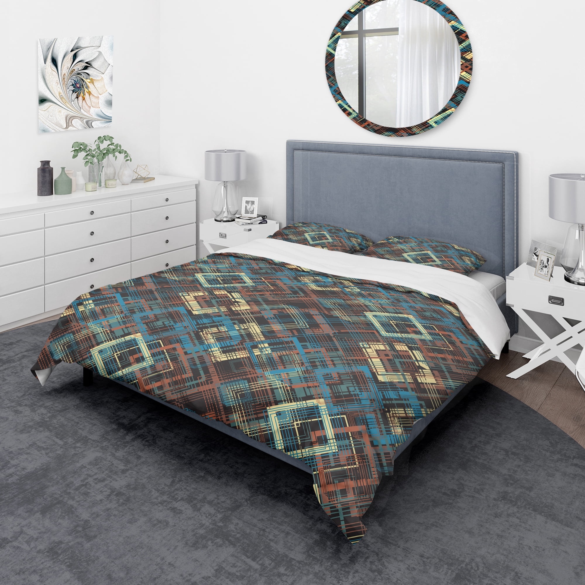 Designart 'Vintage yellow blue and blue diamond squares' Vintage Duvet Cover Set