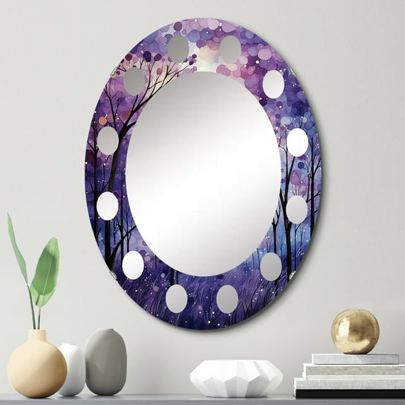 Designart "Violet Charm" Forest Round Wall Mirror - Landscapes Oval Printed Decorative Oversized Mirror - Multiple Color Options