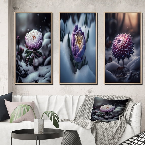 Designart "Violet Peony Frosty Bloom II" Floral & Botanical Framed Wall Art Set Of 3 - Purple Peonies Frame Gallery Set For Office Decor