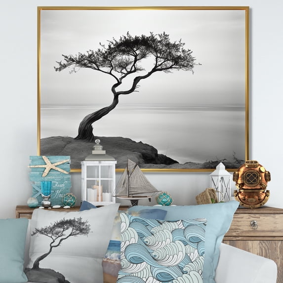 Designart "Vision Of Solitary Tree By The Beach II" Coastal Tropical Floater Framed Wall Decor