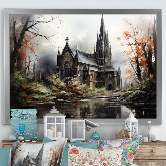 Designart "Vision of Neo Ecclesiastic Church in Black I" Spiritual Framed Wall Art Decor - Cabin Black Church Living Room Framed Canvas Art