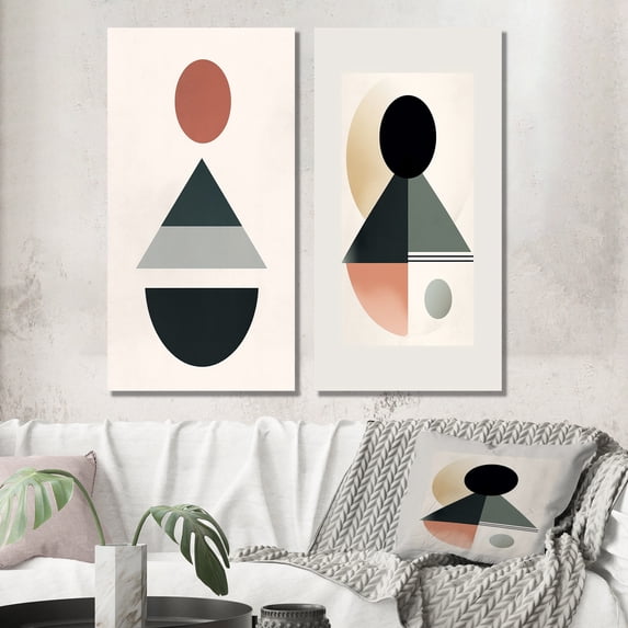 Designart "Visionary Retro Moon in Geometric Minimalism VI" Transitional Wall Art Set Of 2 - Abstract Pink Canvas Set For Living Room Decor