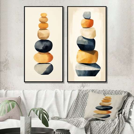 Designart "Visual Tranquility Harmony in Rock Balancing III" Spiritual Stone Framed Wall Art Set Of 2 - Traditional Yellow Framed Wall Art Set Of 2