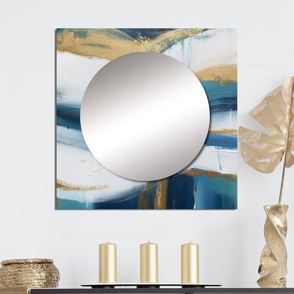 Designart "Vital Blue Abstract Minimal Undulation Art II" Abstract Painting Square Mirror For Wall Decor - Large Gold Square Printed Wall Mirror Art - Wall Mounted Square Large Mirror
