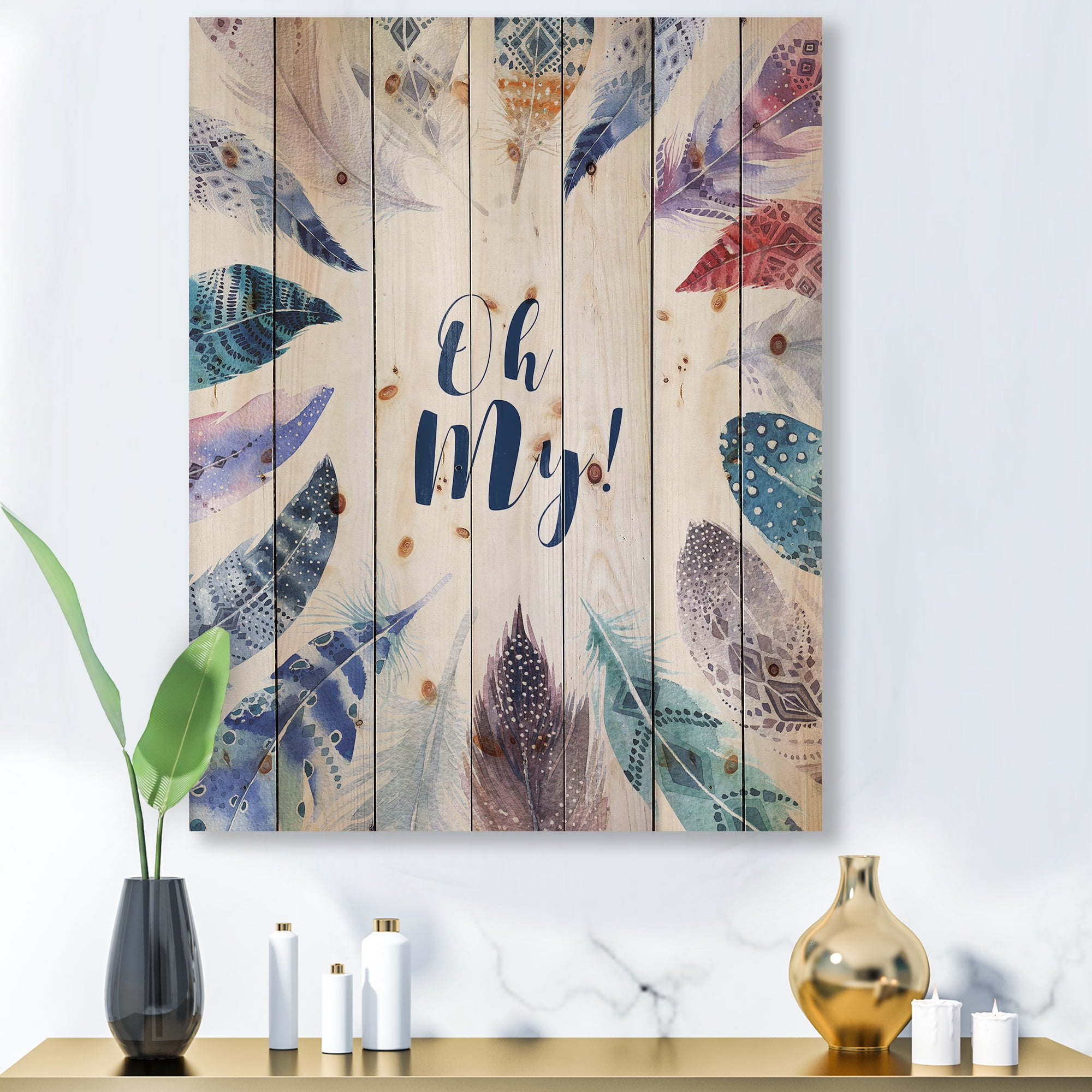 Designart 'Vital Blue Feathers Oh My' Bohemian & Eclectic Print on Natural Pine Wood