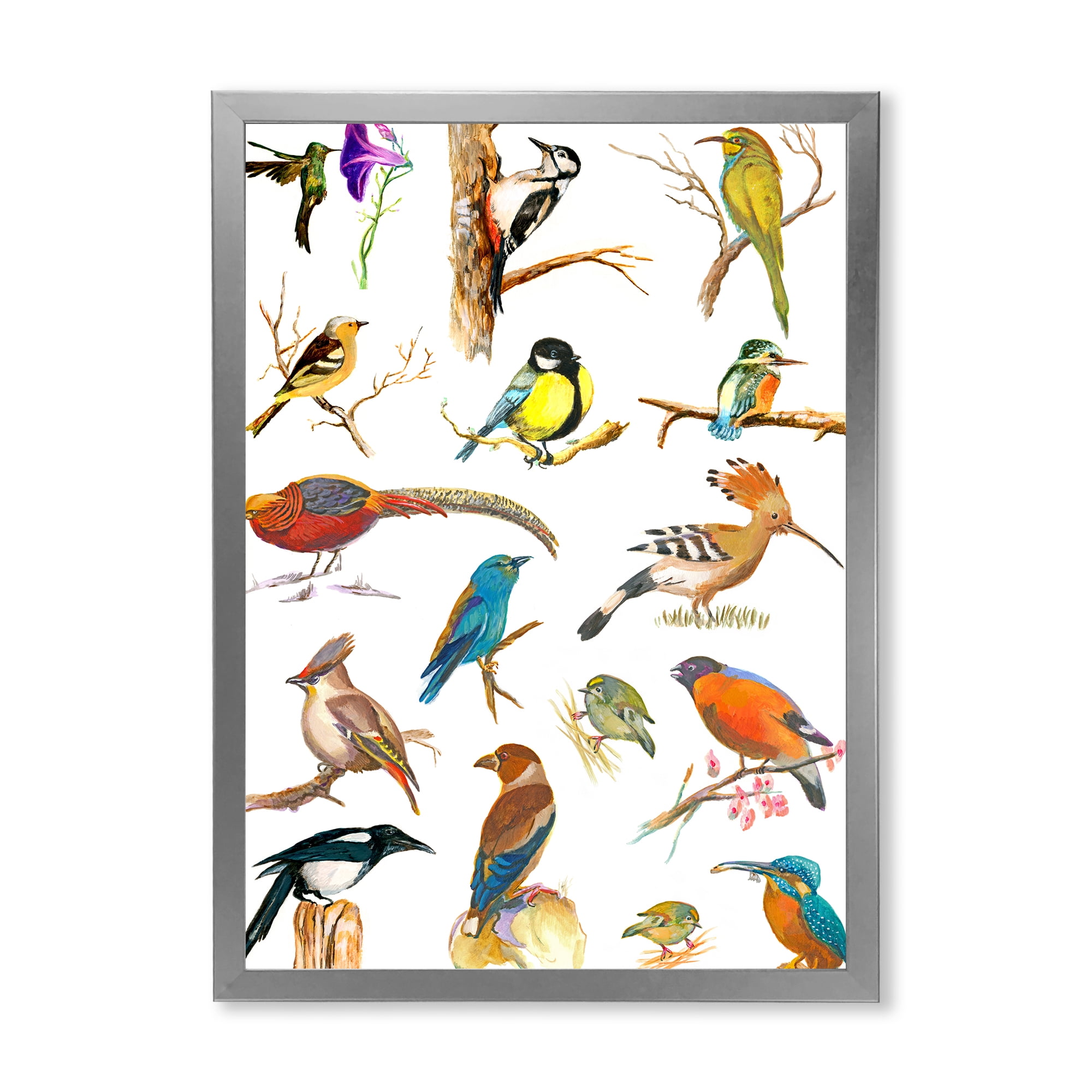 Designart 'Vital Colored Birds Plancard' Traditional Framed Art Print