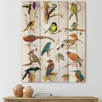 Designart 'Vital Colored Birds Plancard' Traditional Print on Natural Pine Wood