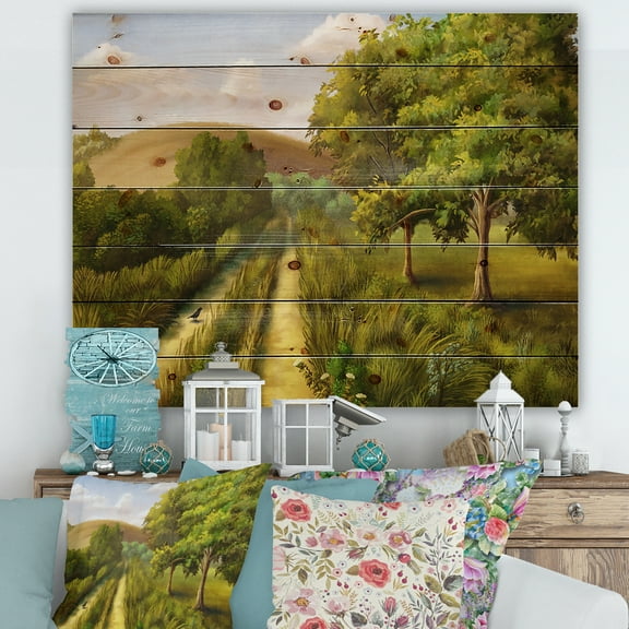 Designart 'Vital Country Road During Summer' Traditional Print on Natural Pine Wood