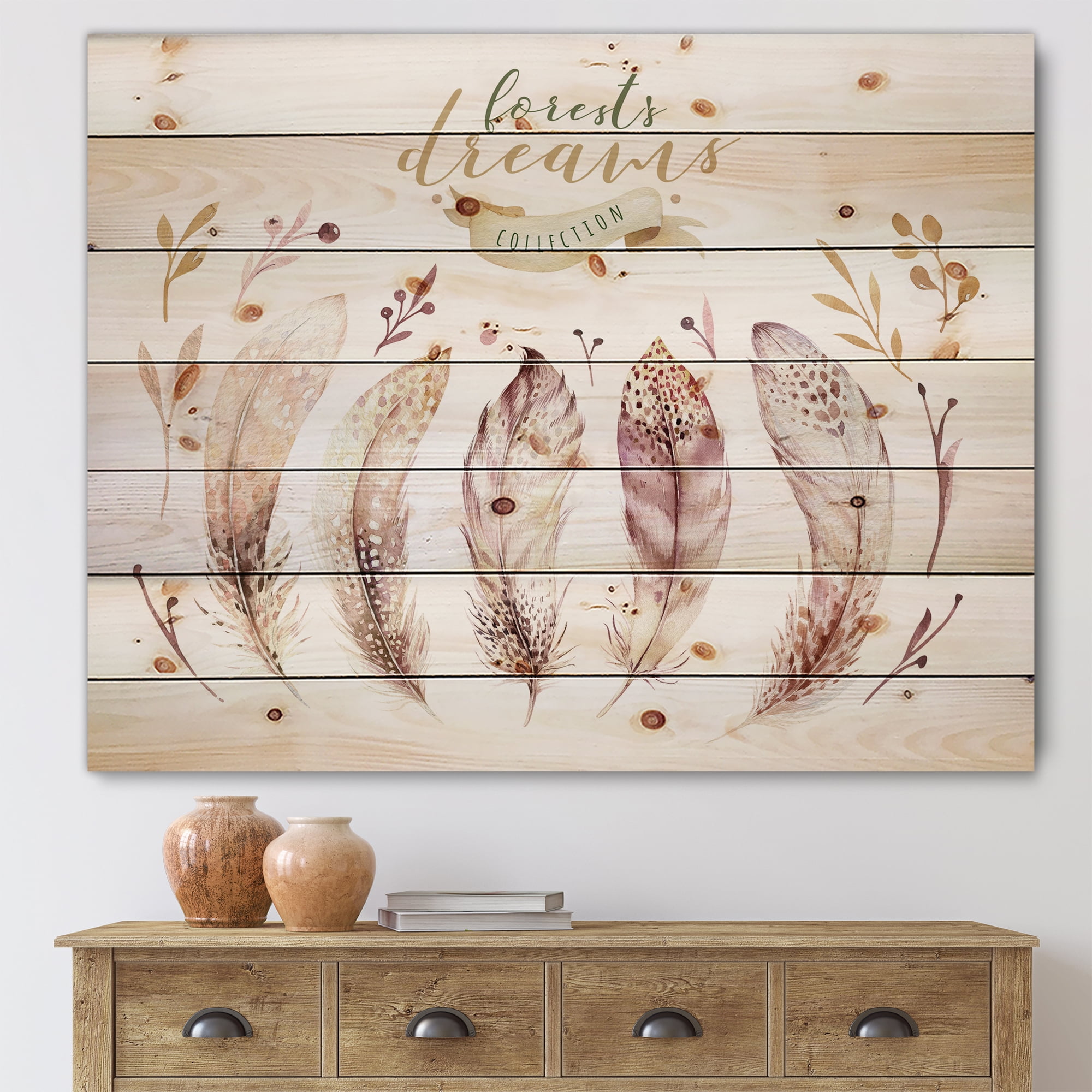 Designart 'Vital Feathers In Ethnic Boho Style' Bohemian & Eclectic Print on Natural Pine Wood