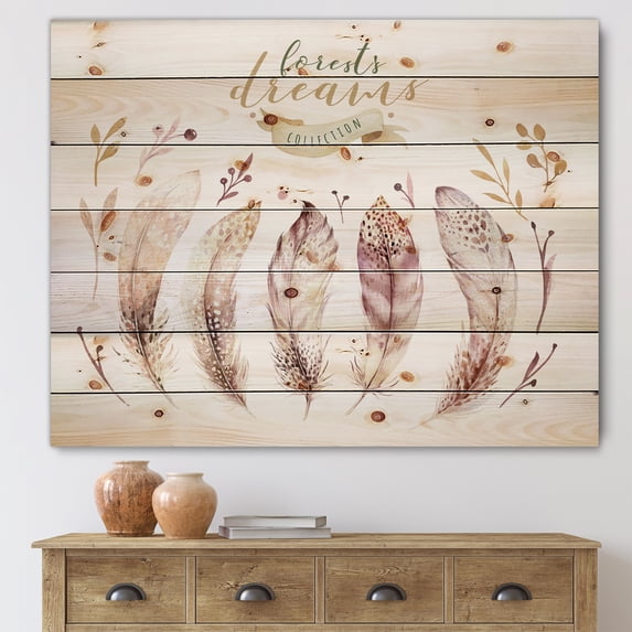 Designart 'Vital Feathers In Ethnic Boho Style' Bohemian & Eclectic Print on Natural Pine Wood