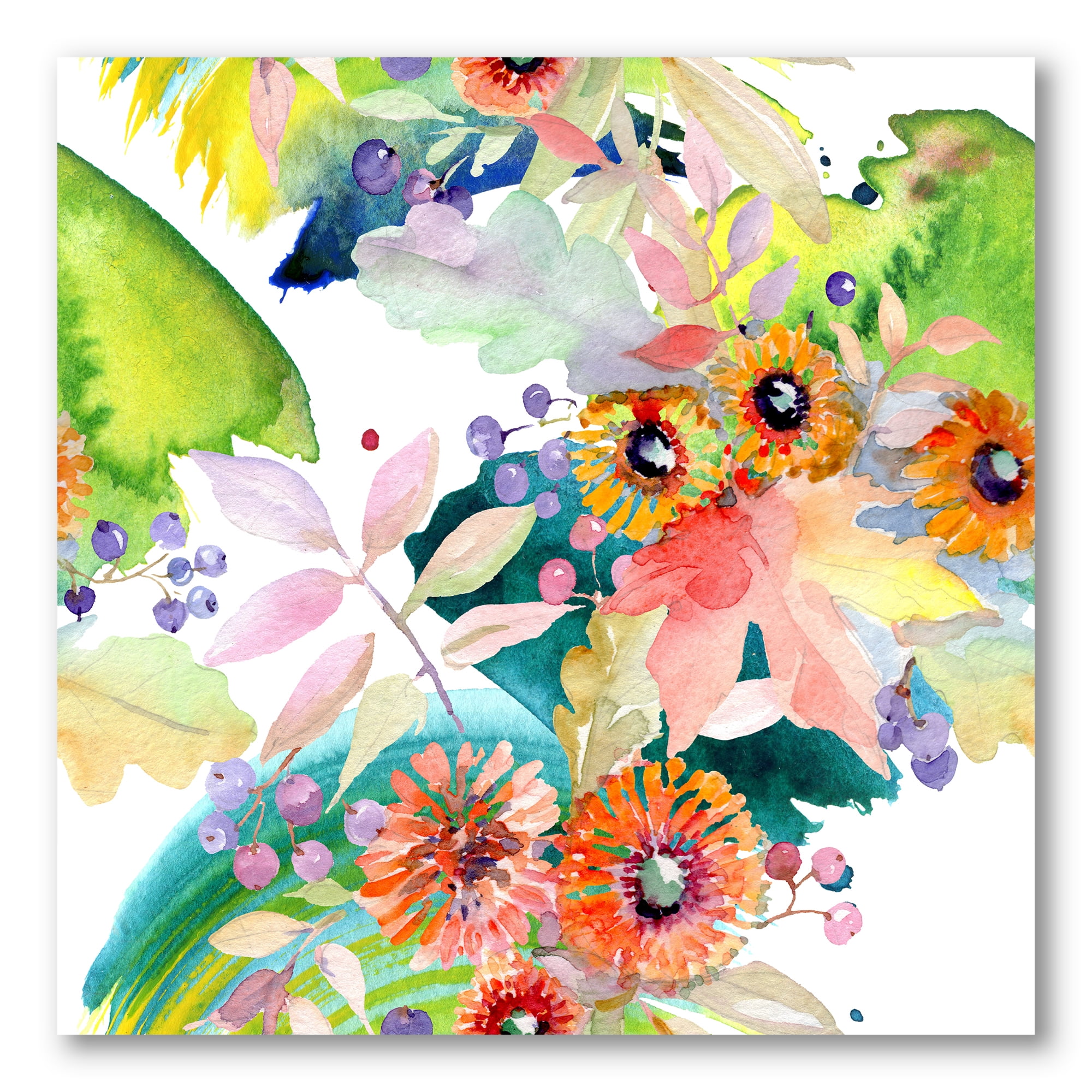 Designart ' Vital Wild Spring Leaves and Wildflowers III ' Modern Canvas Wall Art Print
