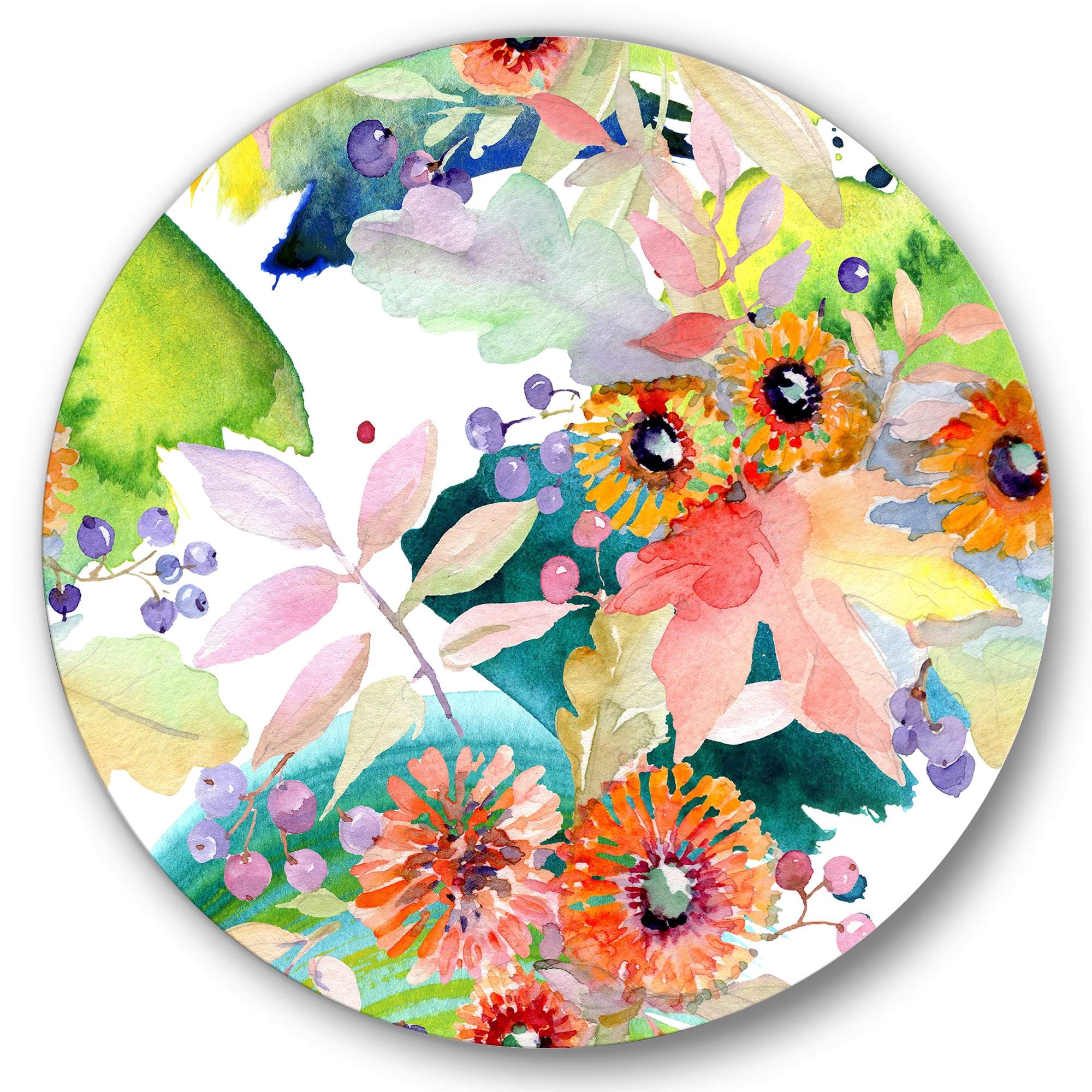 Designart 'Vital Wild Spring Leaves and Wildflowers III' Modern Circle Metal Wall Art 36x36 - Disc of 36