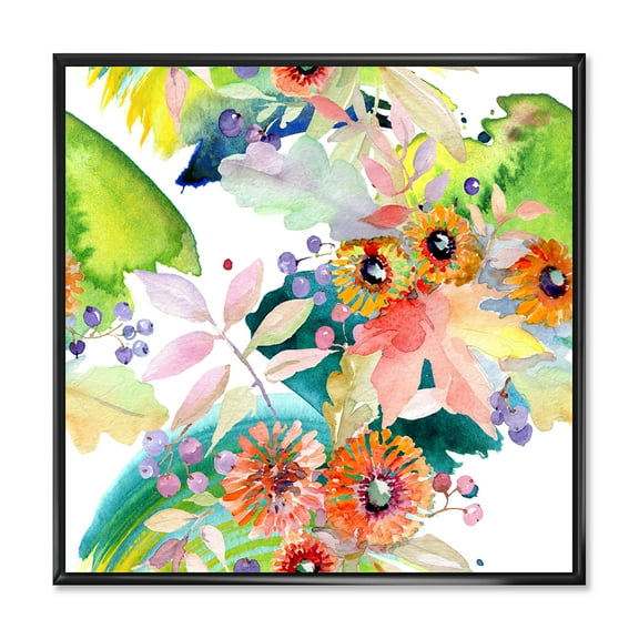 Designart 'Vital Wild Spring Leaves and Wildflowers III' Modern Framed Canvas Wall Art Print