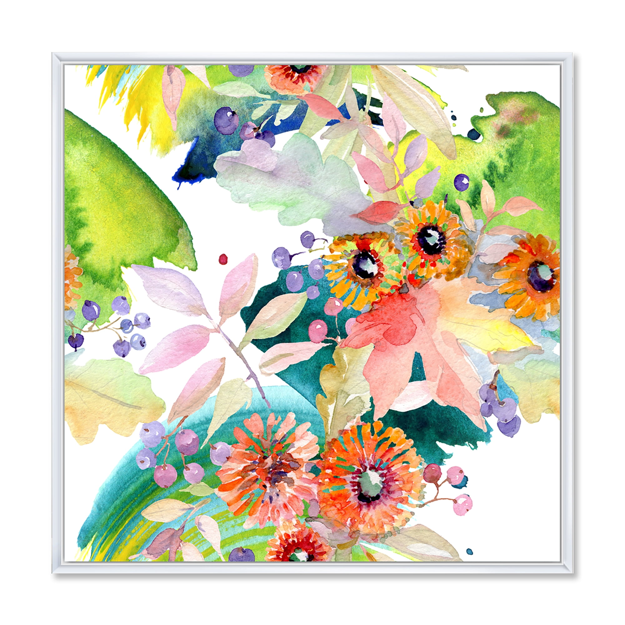 Designart 'Vital Wild Spring Leaves and Wildflowers III' Modern Framed Canvas Wall Art Print