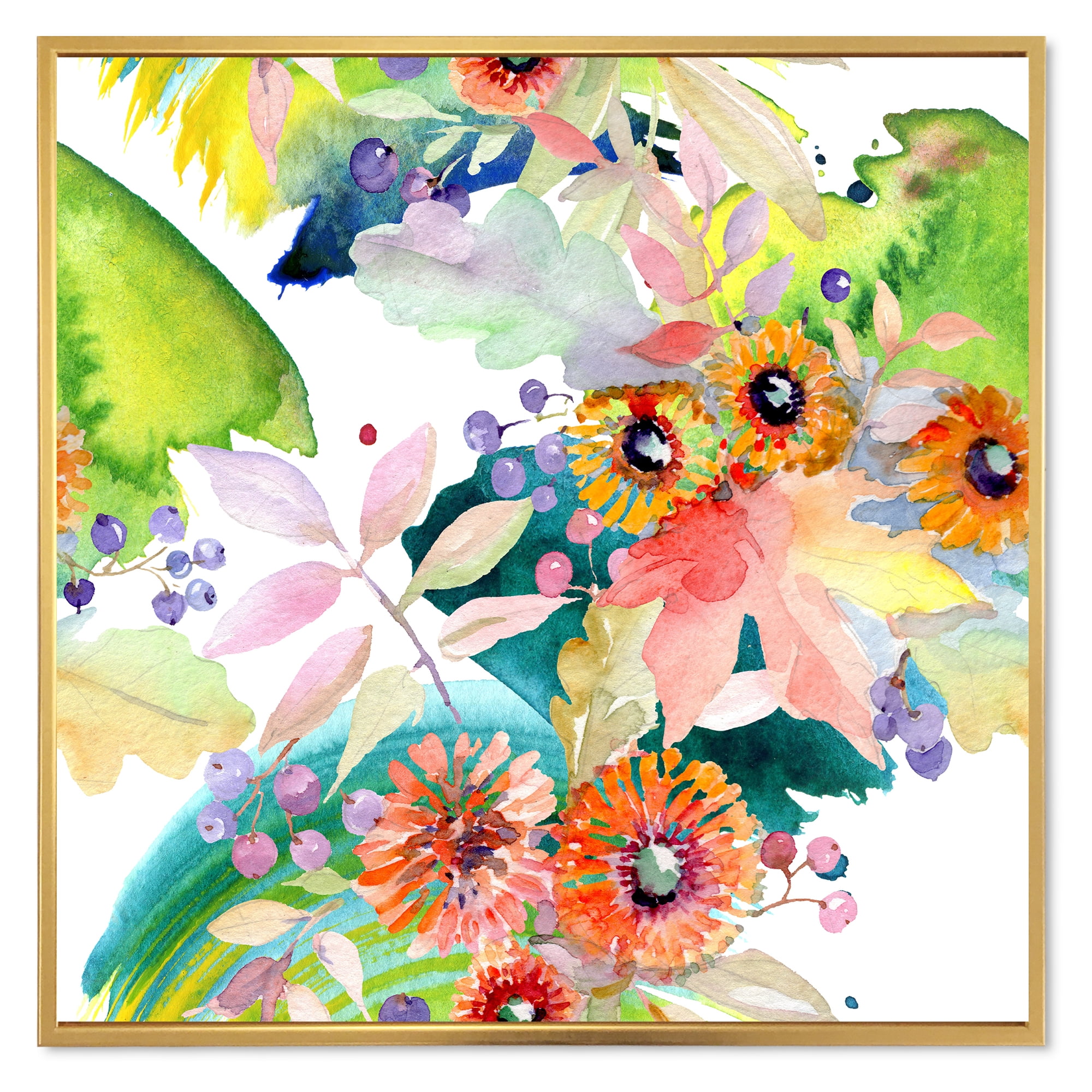 Designart 'Vital Wild Spring Leaves and Wildflowers III' Modern Framed Canvas Wall Art Print