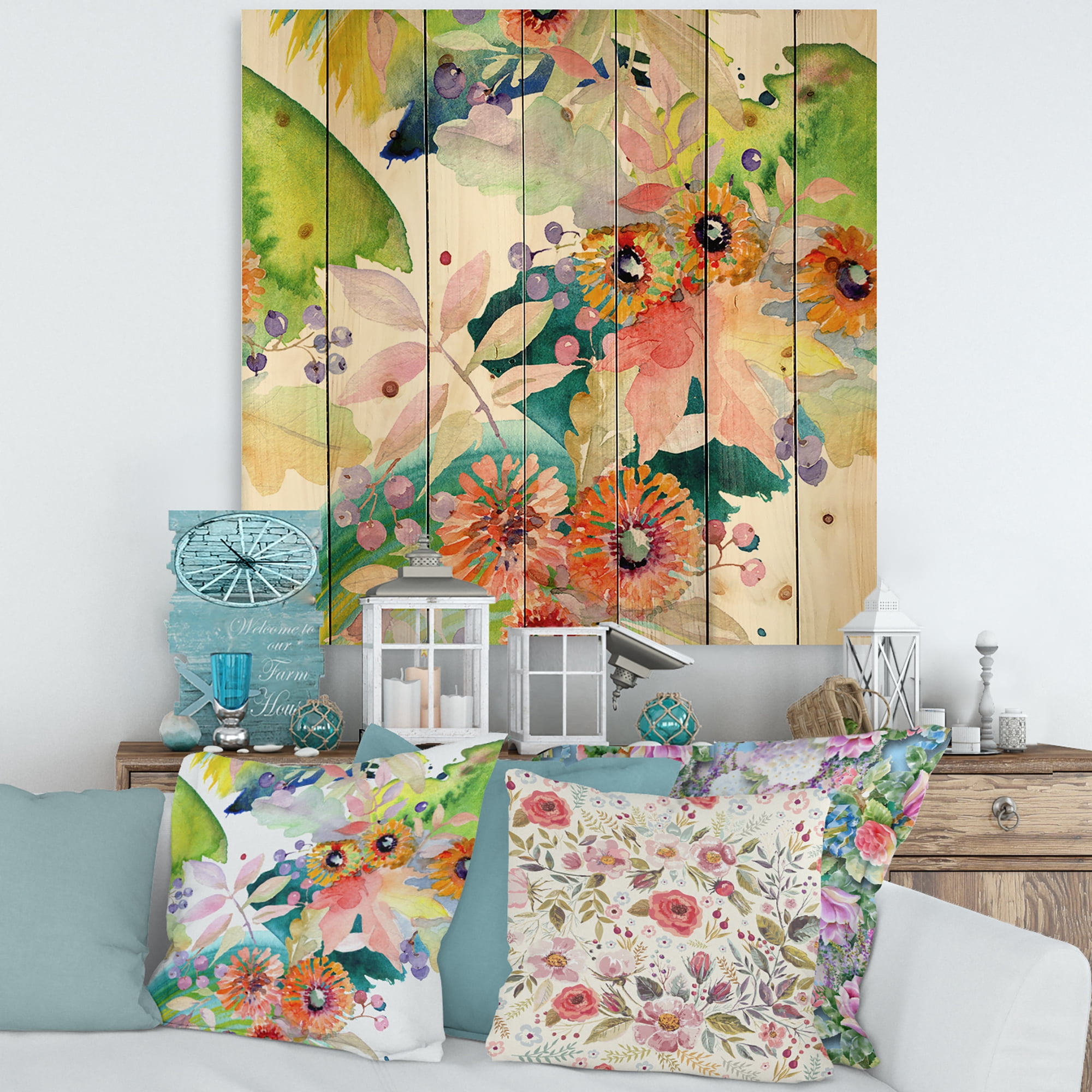 Designart 'Vital Wild Spring Leaves and Wildflowers III' Modern Print on Natural Pine Wood