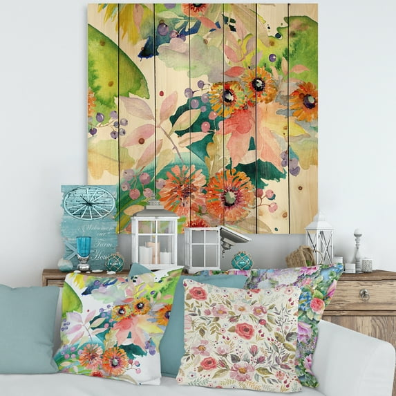 Designart 'Vital Wild Spring Leaves and Wildflowers III' Modern Print on Natural Pine Wood