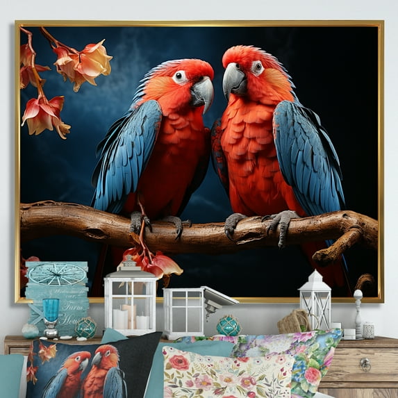 Designart "Vivid Conversations Among Parrots" Parrot Floater Framed Wall Art Living Room