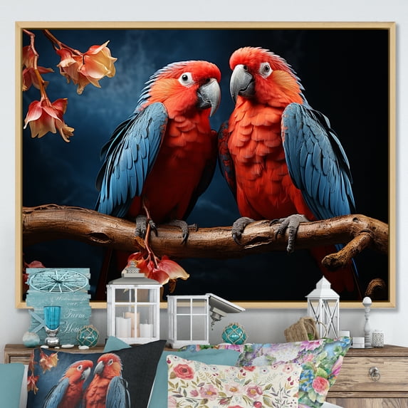 Designart "Vivid Conversations Among Parrots" Parrot Floater Framed Wall Art Living Room