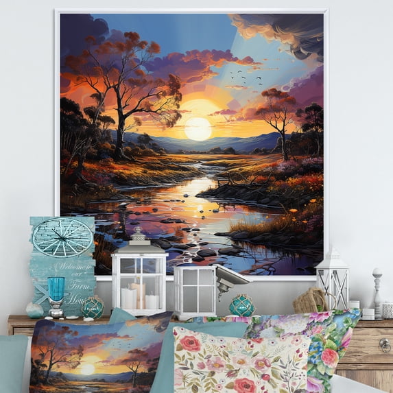 Designart "Vivid Liquid Art In Serene Sunset Prairies" Prairies Floater Framed Canvas Art Print