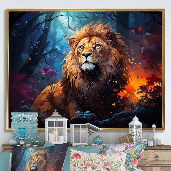 Designart "Vivid Majesty Of The Lion I" Animals Lion Floater Framed Wall Art Prints