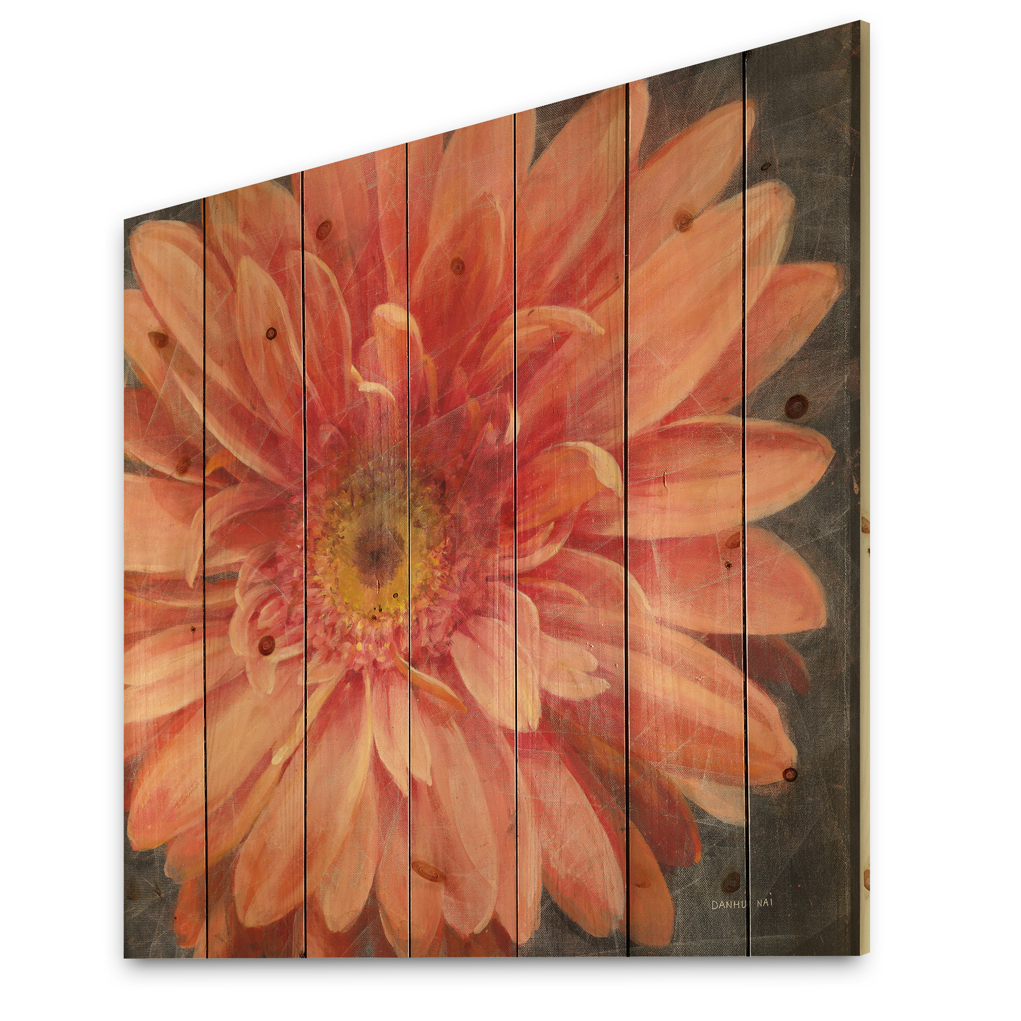 Designart 'Vivid Orange Daisy II' Shabby Chic Print on Natural Pine Wood