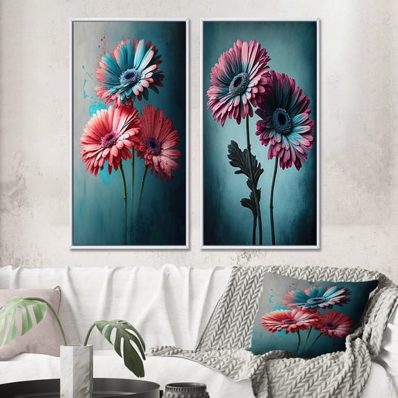 Designart "Vivid Pink and Blue Gerbera Daisy I" Gerbera Framed Wall Art Set Of 2 - Pink Floral Frame Gallery Set For Office Decor