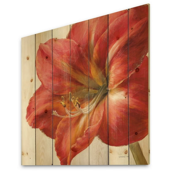 Designart 'Vivid Red Amaryllis' Floral & Botanical Print on Natural Pine Wood