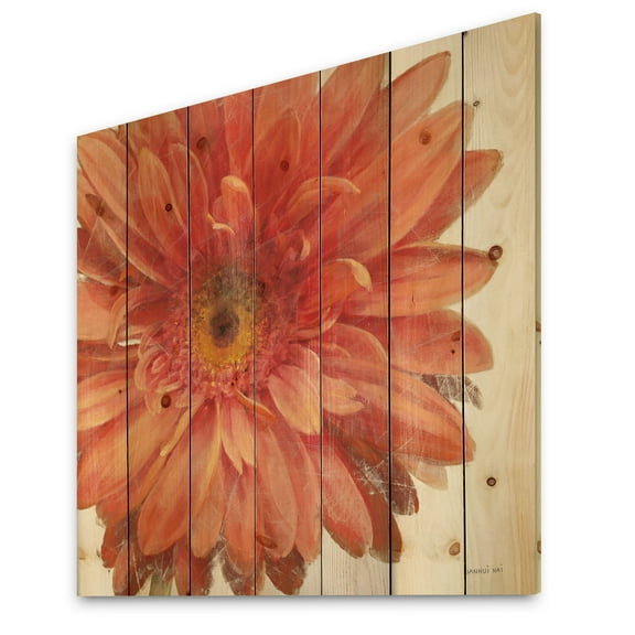 Designart 'Vivid Red Daisy' Floral & Botanical Print on Natural Pine Wood
