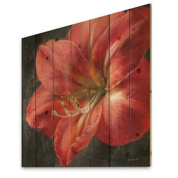 Designart 'Vivid Red Lily III' Shabby Chic Print on Natural Pine Wood