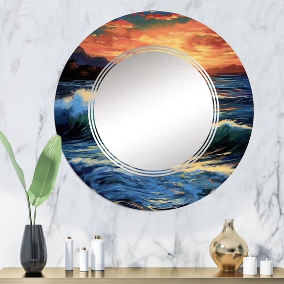 Designart "Vivid Shoreline Sunset with Breaking Waves II" Beach & Ocean Round Wall Mirror - Beach Oval Printed Decorative Oversized Mirror - Multiple Color Options