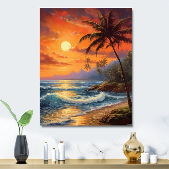 Designart "Vivid Shoreline Sunset with Breaking Waves V" Beach & Ocean Metal Art Print