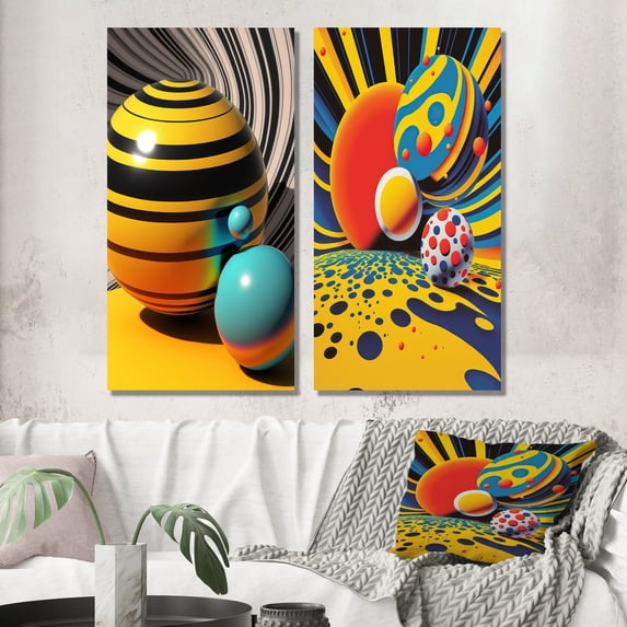 Designart "Vivid Spheres - A Pop Art Palette III" Modern Geometric Wall Art Set Of 2 - Modern Yellow Gallery Set For Office Decor