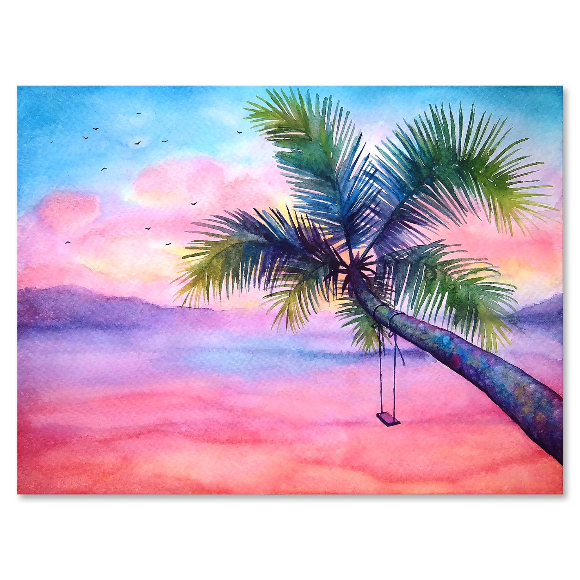Designart ' Vivid Sunset Landscape With Swing and Palm ' Nautical & Coastal Canvas Wall Art Print