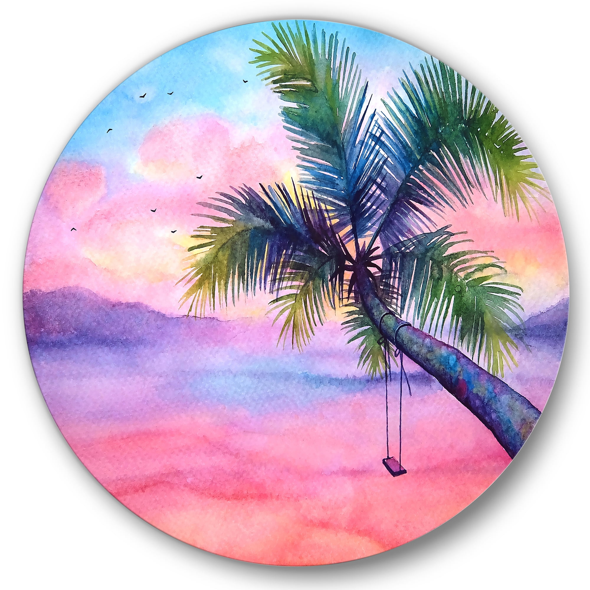 Designart 'Vivid Sunset Landscape With Swing and Palm' Nautical & Coastal Circle Metal Wall Art 36x36 - Disc of 36