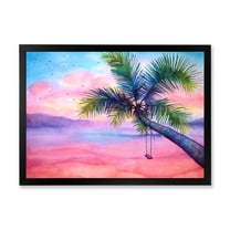 Designart 'Vivid Sunset Landscape With Swing and Palm' Nautical & Coastal Framed Art Print