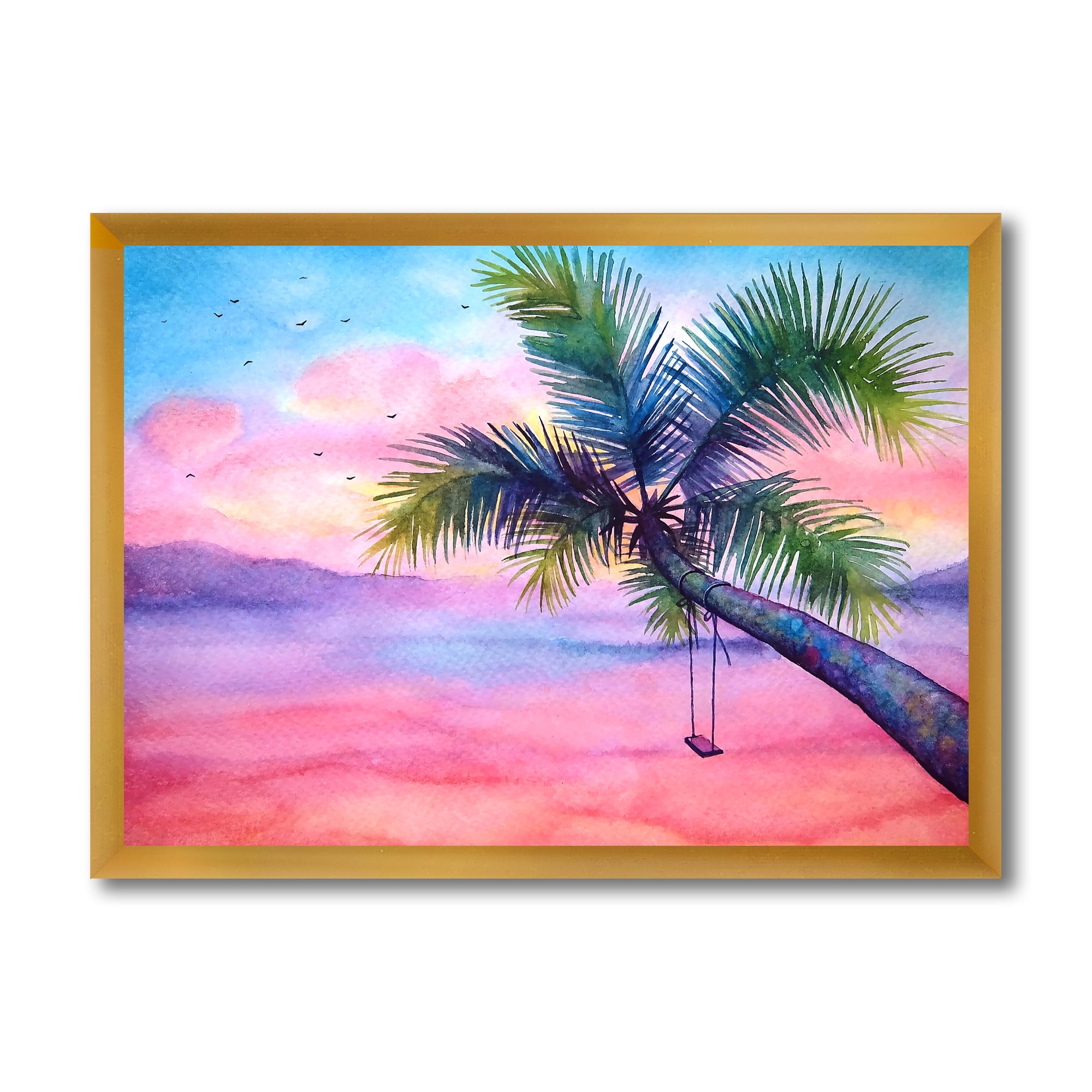 Designart 'Vivid Sunset Landscape With Swing and Palm' Nautical & Coastal Framed Art Print