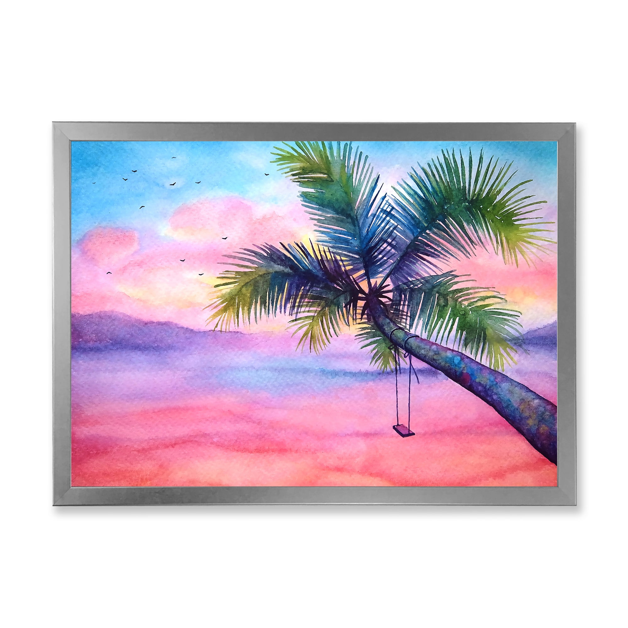 Designart 'Vivid Sunset Landscape With Swing and Palm' Nautical & Coastal Framed Art Print