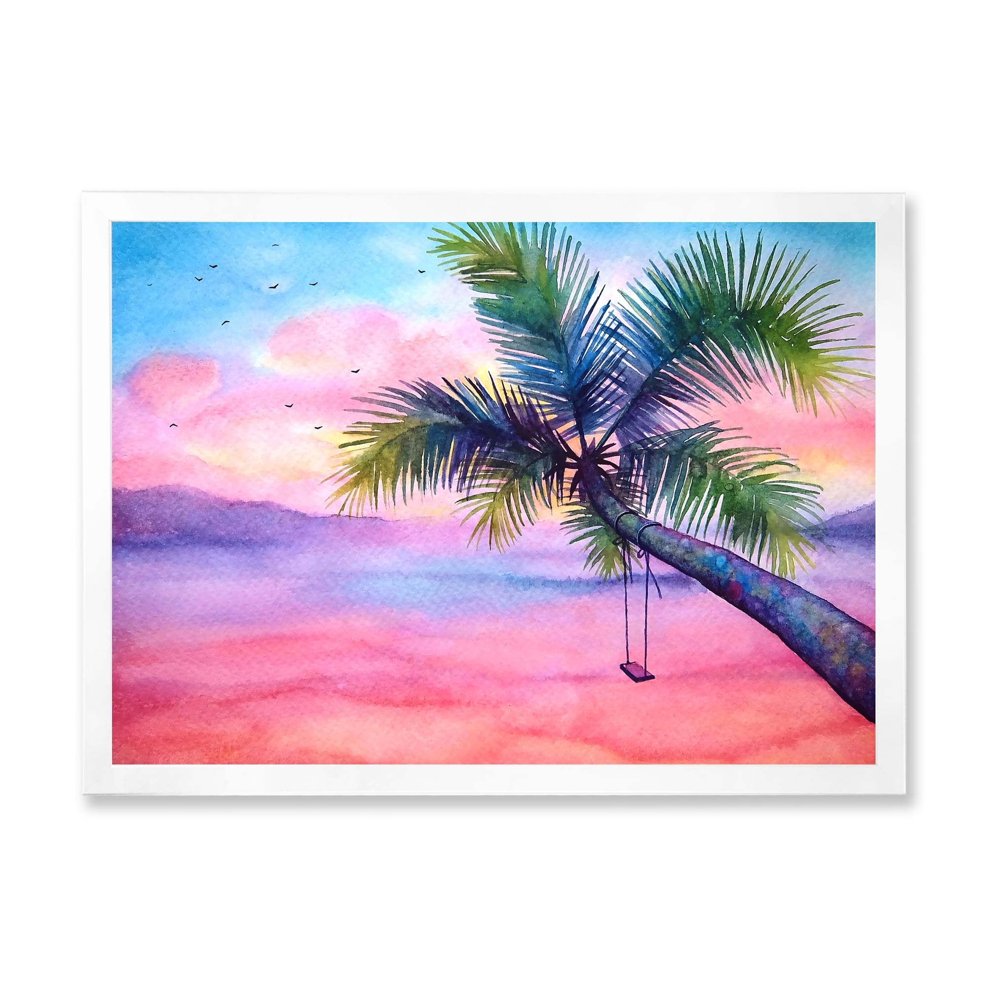 Designart 'Vivid Sunset Landscape With Swing and Palm' Nautical & Coastal Framed Art Print