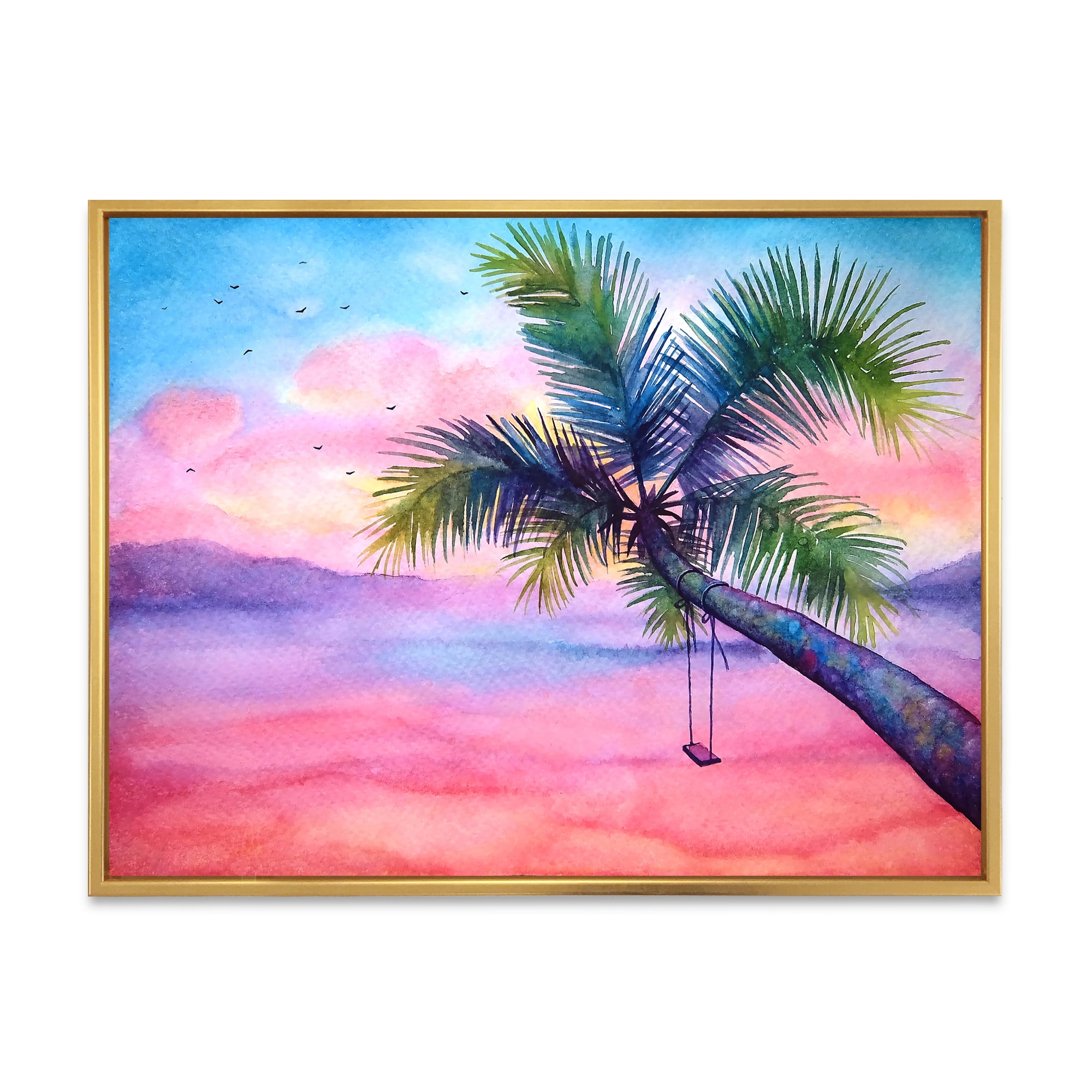 Designart 'Vivid Sunset Landscape With Swing and Palm' Nautical & Coastal Framed Canvas Wall Art Print
