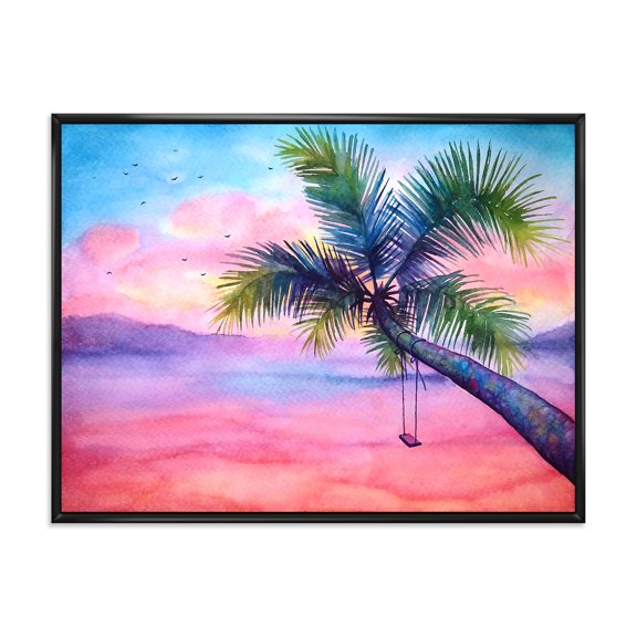 Designart 'Vivid Sunset Landscape With Swing and Palm' Nautical & Coastal Framed Canvas Wall Art Print