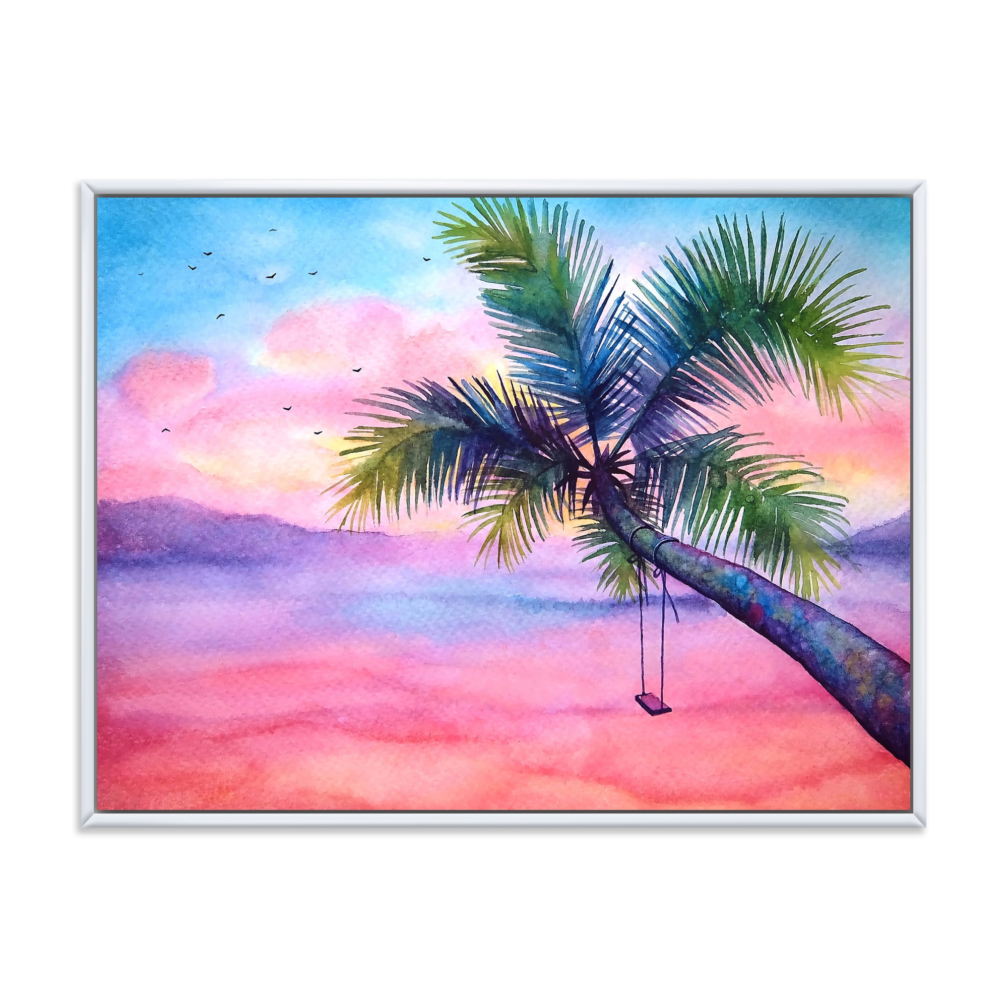 Designart 'Vivid Sunset Landscape With Swing and Palm' Nautical & Coastal Framed Canvas Wall Art Print