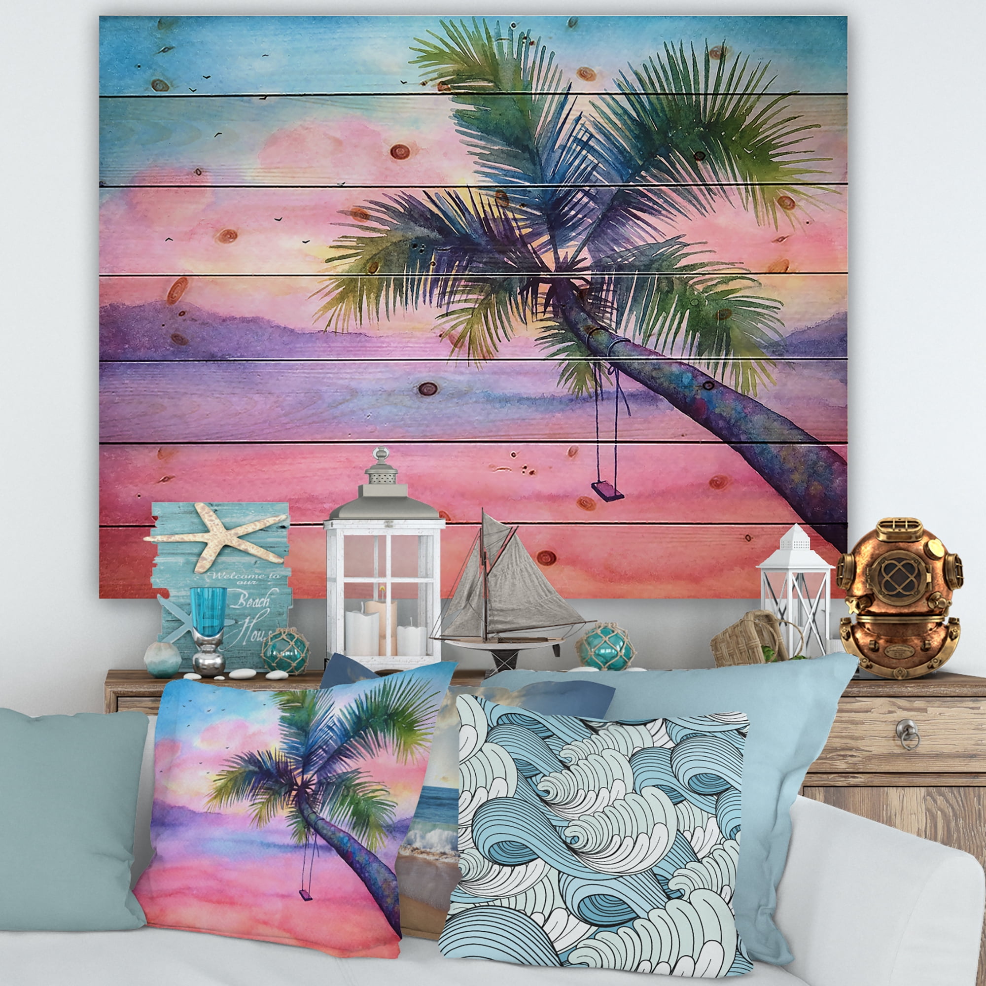 Designart 'Vivid Sunset Landscape With Swing and Palm' Nautical & Coastal Print on Natural Pine Wood