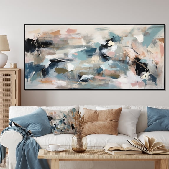 Designart "Vivid Waves Fluid Shades of Grey and Blue III" Oversized Abstract Framed Wall Art - Modern Grey Abstract Painting Hallway Framed Wall Art Decor