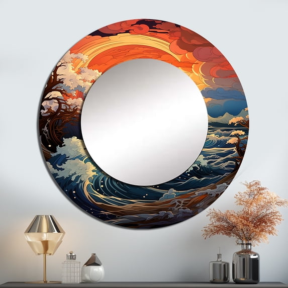 Designart "Vivid Woodcut Effect Capturing Ocean Charm" Ocean Rund Mirror For Wall Decor - Large Blue Round Print Mirror - Round Coastal Mirror - Wall Mounted Round Large Mirror - 23" x 23"