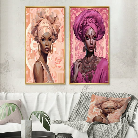 Designart "Vogue-inspired Retro Glamour African American Beauty I" African American Woman Framed Wall Art Set Of 2 - Glam Pink Gallery Wall Frame Set For Home Decor
