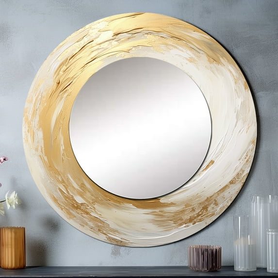 Designart "Vortex of Gold and White Soft Waves I" Abstract Spirals Round Mirror Wall Decor Modern - Large Beige Round Office Mirror - Round Mirror - 29" x 29"